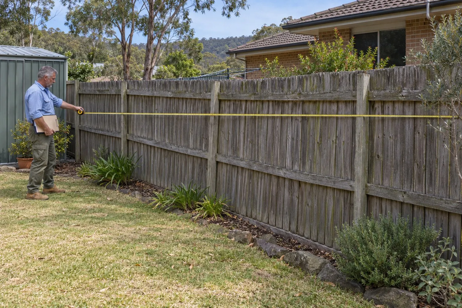 Colorbond fence cost, Maitland: fencer measuring the length of an old timber back fence with a long tape