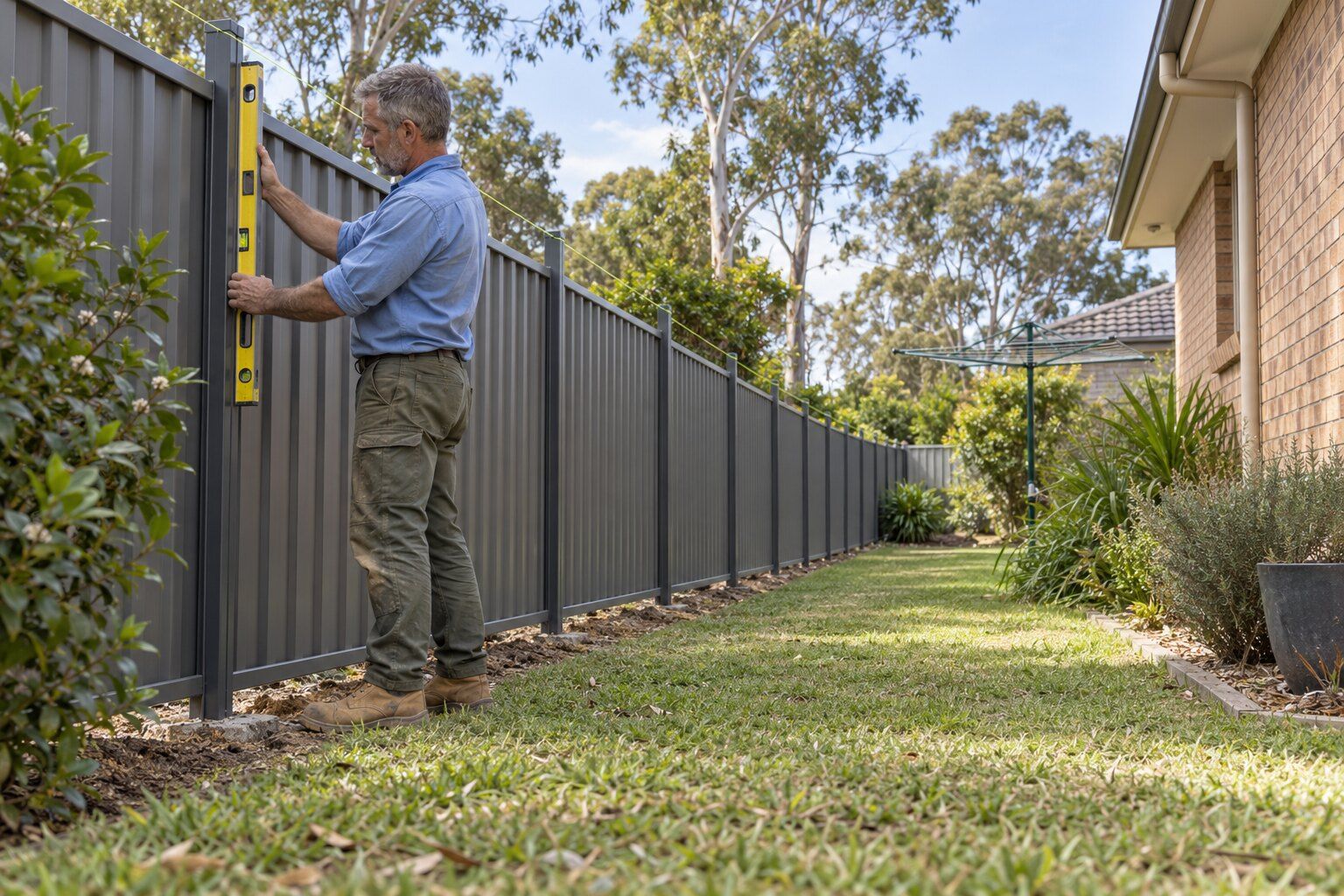 Colorbond fencing, Maitland: fencer checking a new steel fence post for plumb with a long spirit level