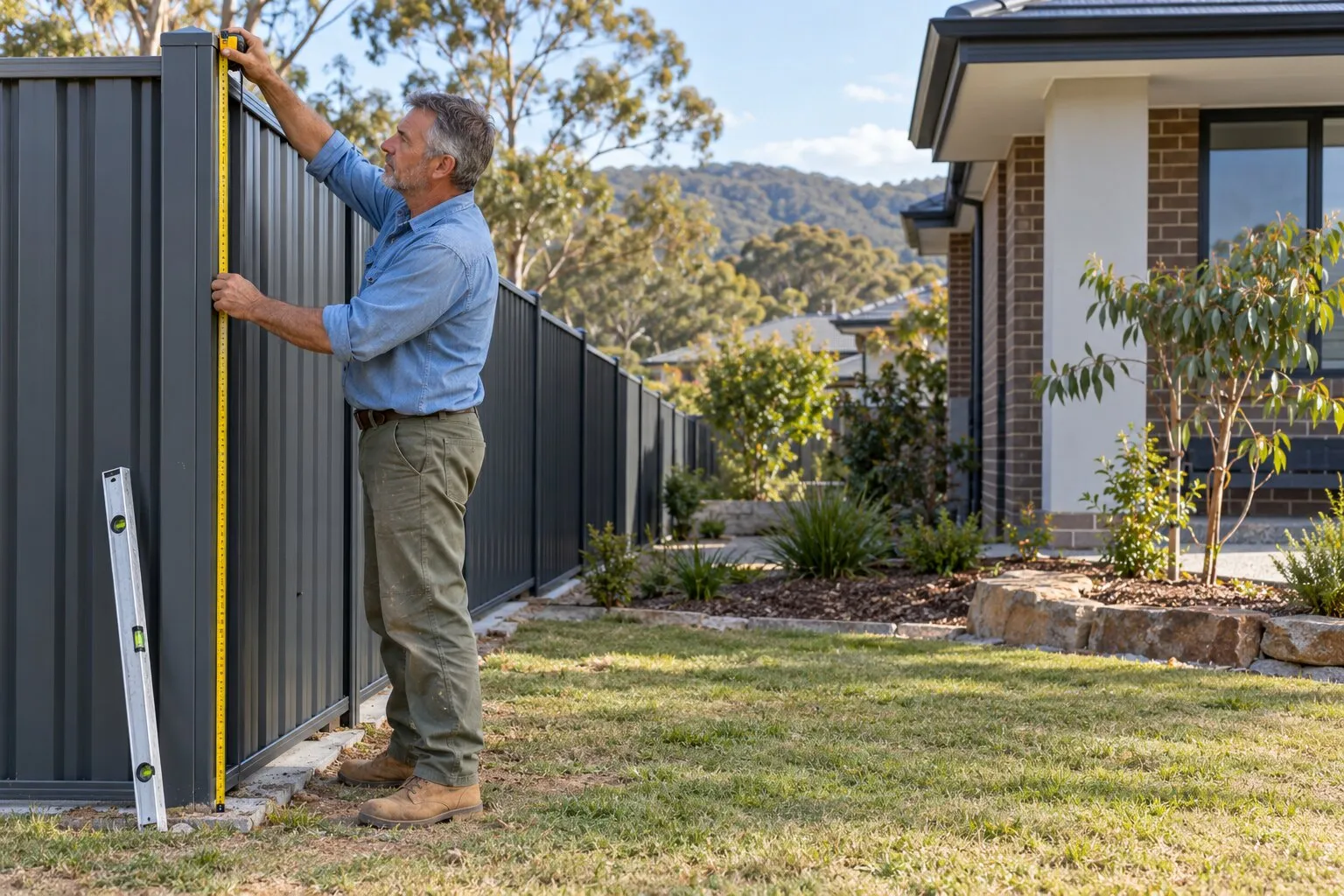 Fence height approval, NSW: fencer measuring the height of a new steel side fence with a tape measure