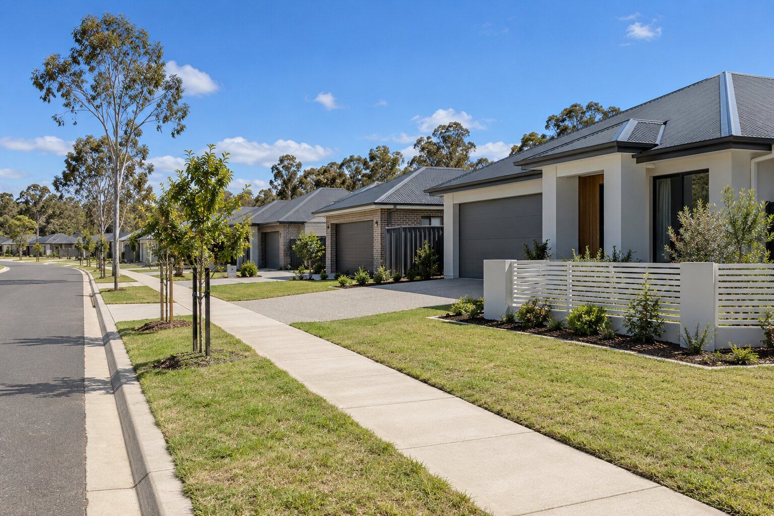 Fencing, Chisholm: a new estate street of rendered homes with charcoal steel side fences and a white slat front fence