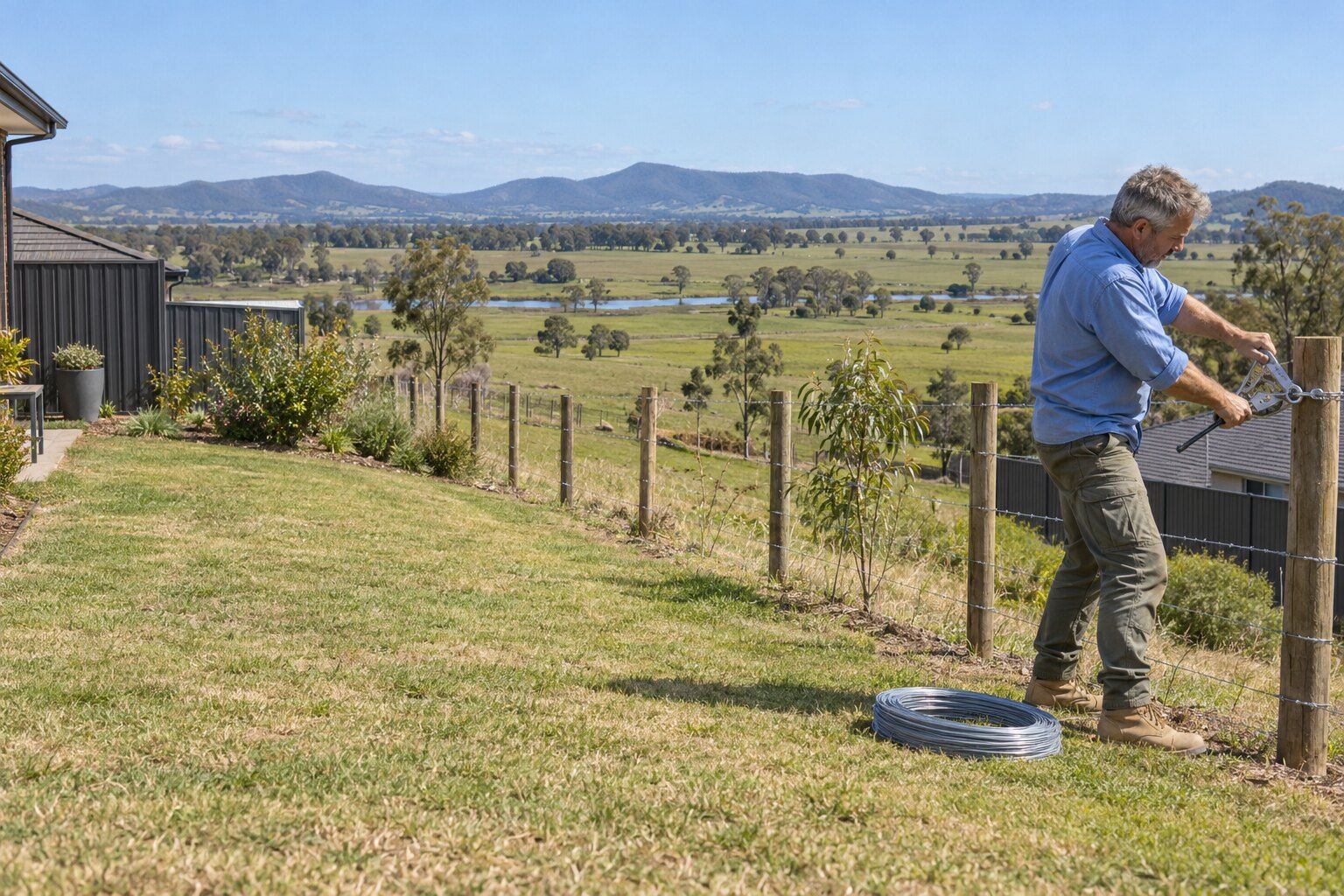 Fencing, Gillieston Heights: fencer straining wire on a new post and wire back fence above the Hunter River flats