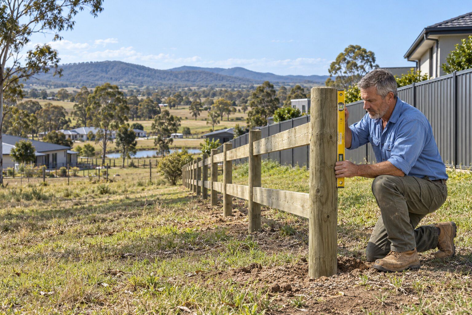 Fencing, Lochinvar: fencer checking a post on a timber post and rail fence beside a new estate's steel back fence