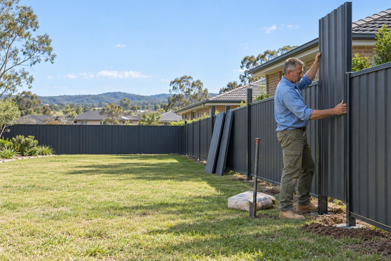 Fencing Maitland: fencer standing a charcoal Colorbond steel sheet into a new fence post between two backyards