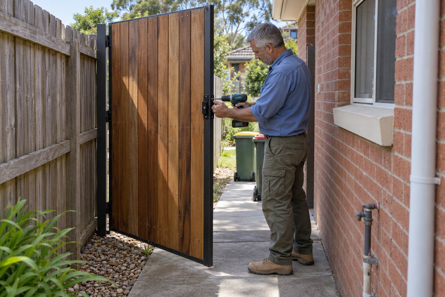 Gates, Maitland: fencer fitting a latch to a new timber side gate between a brick wall and a paling fence