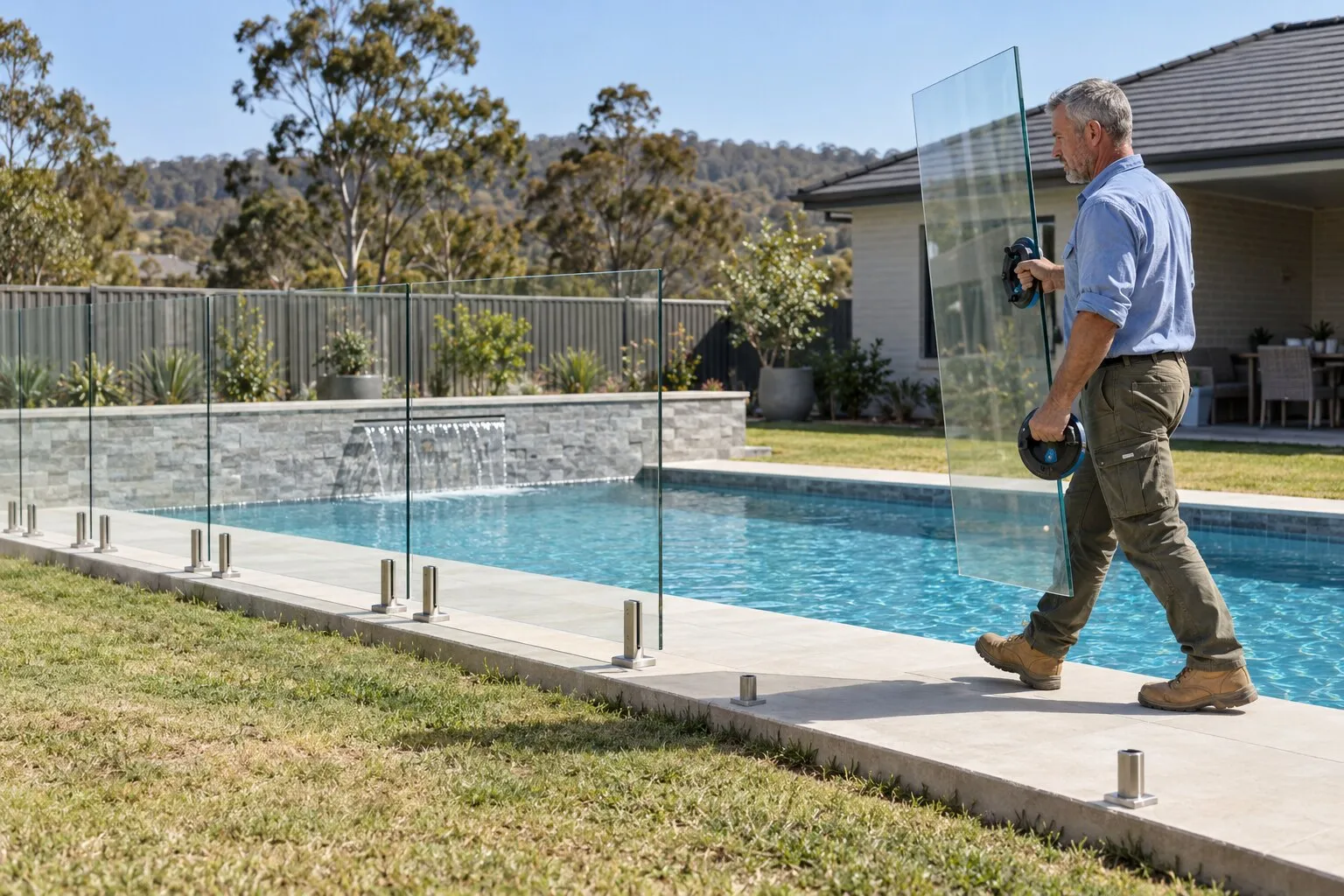 Pool fence cost, Maitland: fencer carrying a frameless glass pool fence panel along a new pool's coping