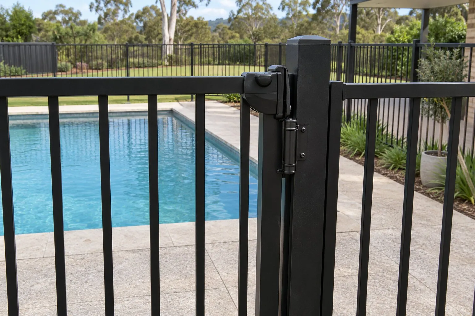 Pool fencing, Maitland: the self-closing hinge and self-latching latch on a black aluminium pool gate, standing closed