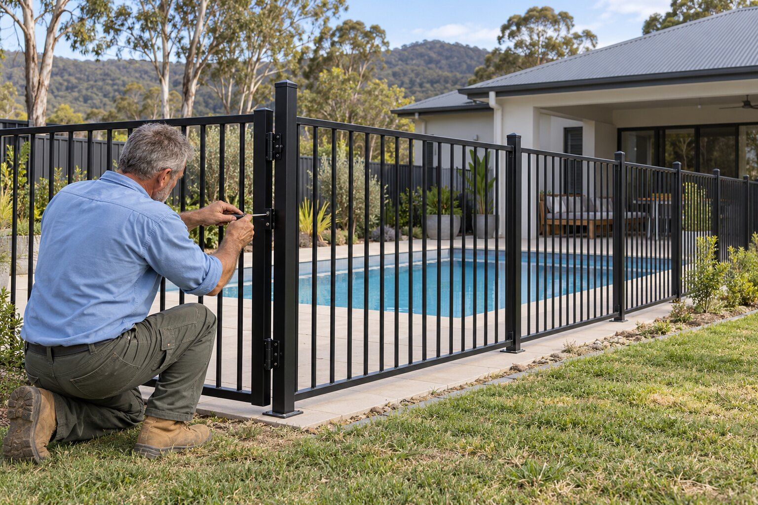 Pool fencing, Maitland: fencer adjusting the self-closing hinge on a black aluminium pool gate beside an in-ground pool